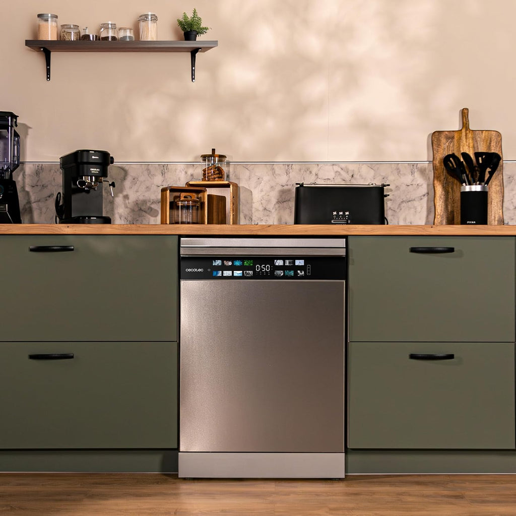 Lavavajillas Cecotec 60cm Bolero Aguazero 6700 Inox B Lavavajillas de acero inoxidable, 15 cubiertos, Clase B, Motor Inverter Plus, O2 Dry, lavado de doble zona, bandeja ajustable, almacenamiento largo y Turbo Dry+.