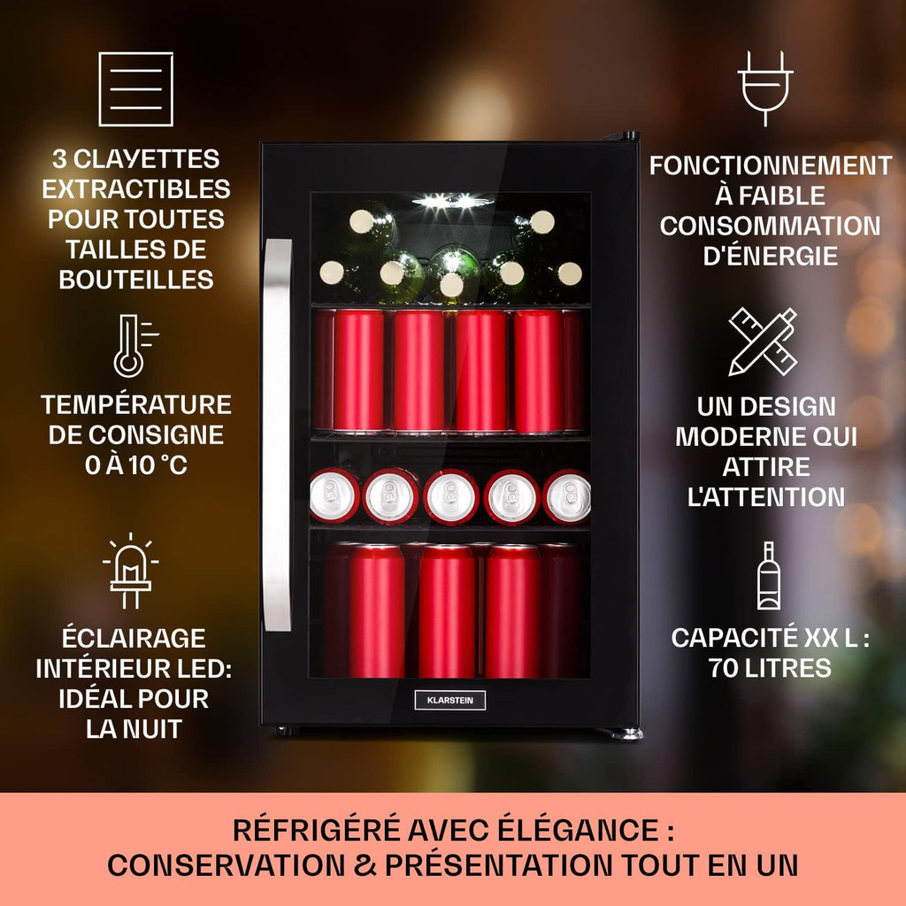 Klarstein Refrigerador 70L, mininevera silenciosa con estantes extraíbles, puerta de cristal y LED, apta para exteriores, 0-10°C