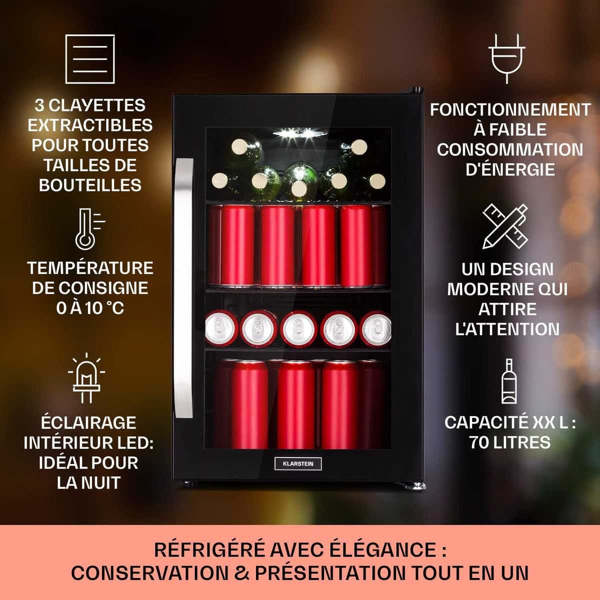 Klarstein Refrigerador 70L, mininevera silenciosa con estantes extraíbles, puerta de cristal y LED, apta para exteriores, 0-10°C