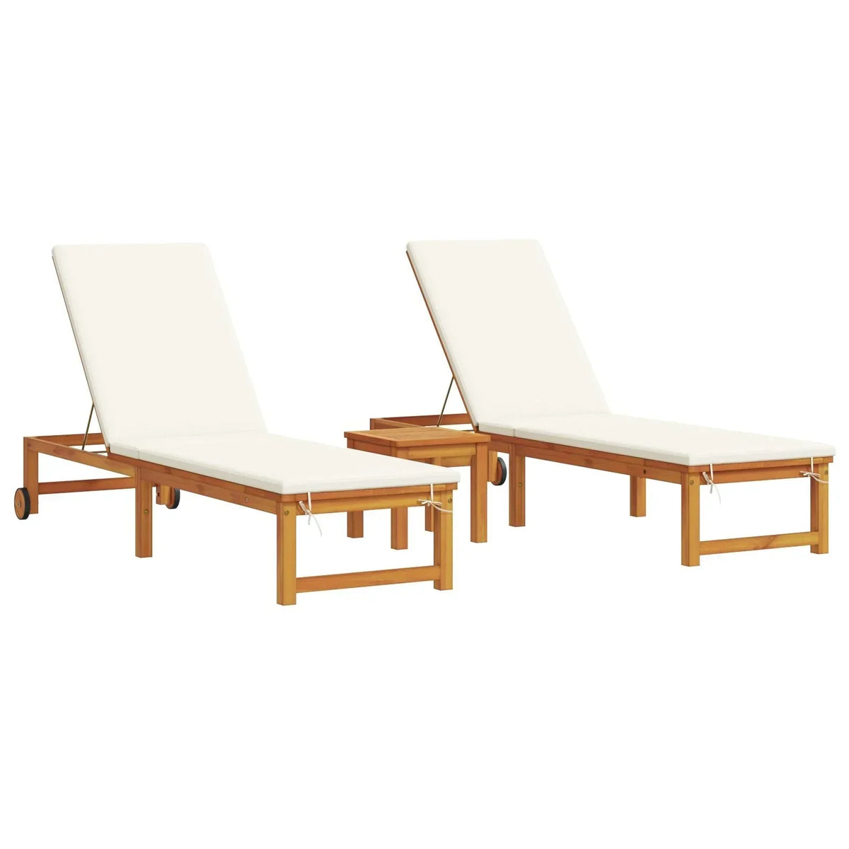 2025 Tumbonas 2 uds con Mesa y Cojines de Madera Maciza de Acacia, Tumbona con Cojines Crema de Madera Maciza de Acacia, Mesa Auxiliar de Jardín 35x35x34 cm de Madera Maciza de Acacia V8526