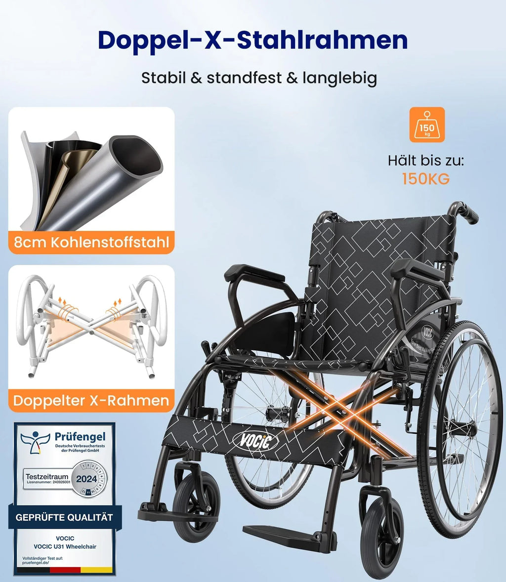Silla de ruedas plegable y ligera VOCIC U31 autopropulsada, 150 kg, ruedas de 60 cm, asiento de 46 cm, doble freno, 17,5 kg, para exteriores y personas mayores