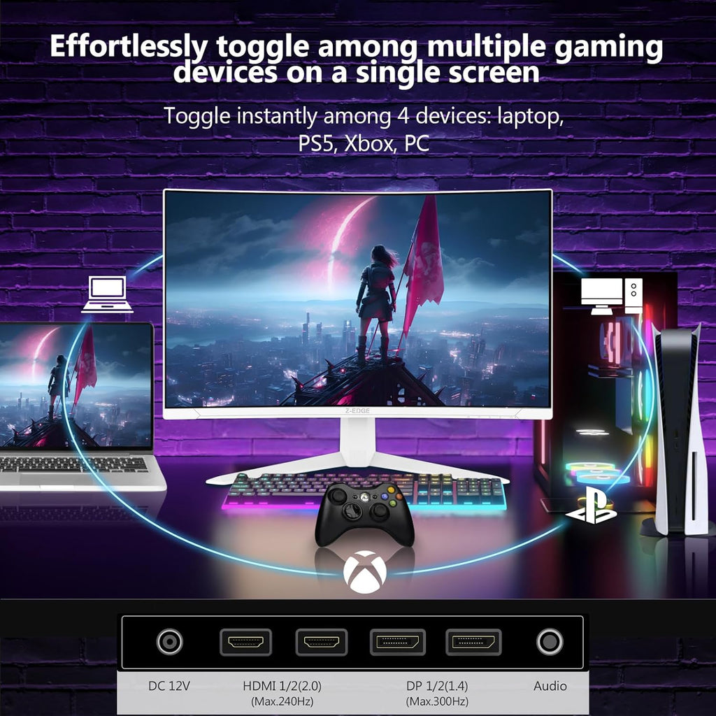 Monitor Gaming Curvo Z-Edge Blanco 27'' 300Hz (DP1.4 × 2), 1ms MPRT, FreeSync, FHD, 240Hz (HDMI2.0 × 2), Monitor Gaming LED Blanco 16:9, Inclinación Ajustable, 1500R VA, 4000:1, VESA (Cable DP Incluido)