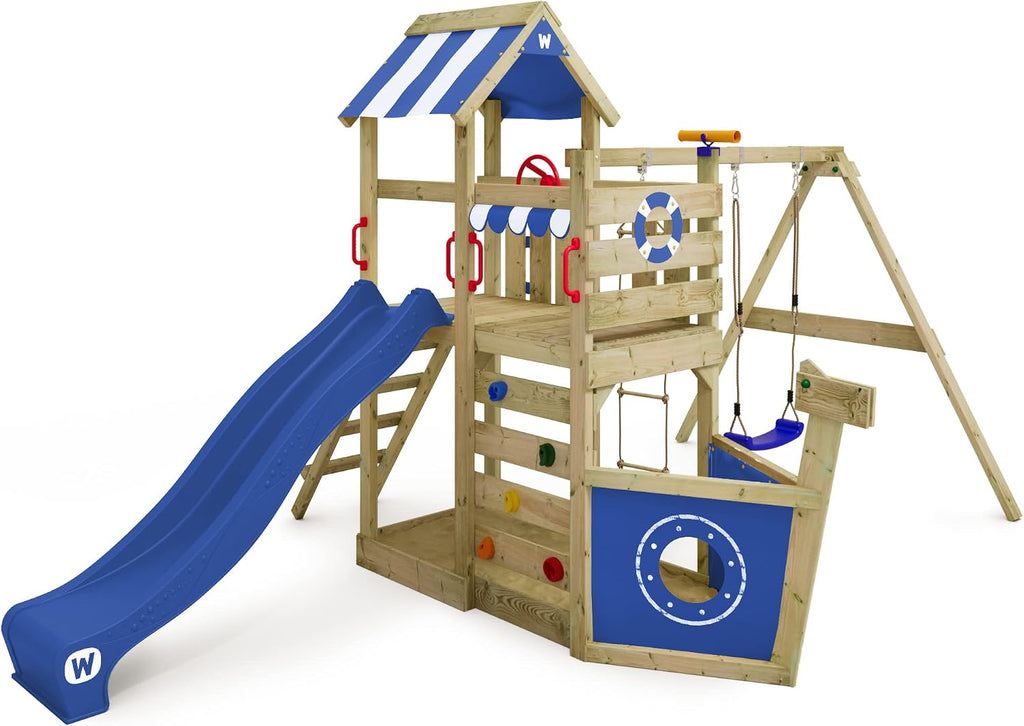 Torre de juegos con columpio y tobogán azul SeaFlyer de WICKEY, torre de escalada para niños al aire libre con arenero, escalera y accesorios de juego para el jardín