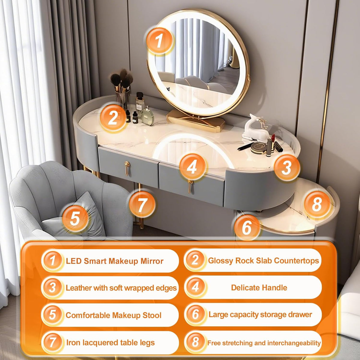 Tocador de maquillaje grande blanco, mesa de cosméticos con espejo de iluminación de 3 modos de color y taburete, mesa de maquillaje, tocador con 5 cajones, tocador de montaje flexible (Gris B, 100 cm)