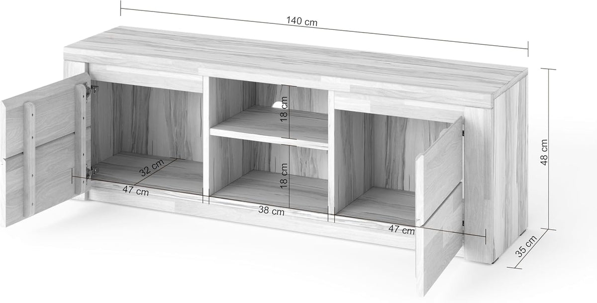 Mueble bajo para TV Kiki design Livigno de madera de haya núcleo parcialmente maciza aceitada, diseño sin tiradores, mueble de TV moderno con gran espacio de almacenamiento para su salón, con certificación FSC -