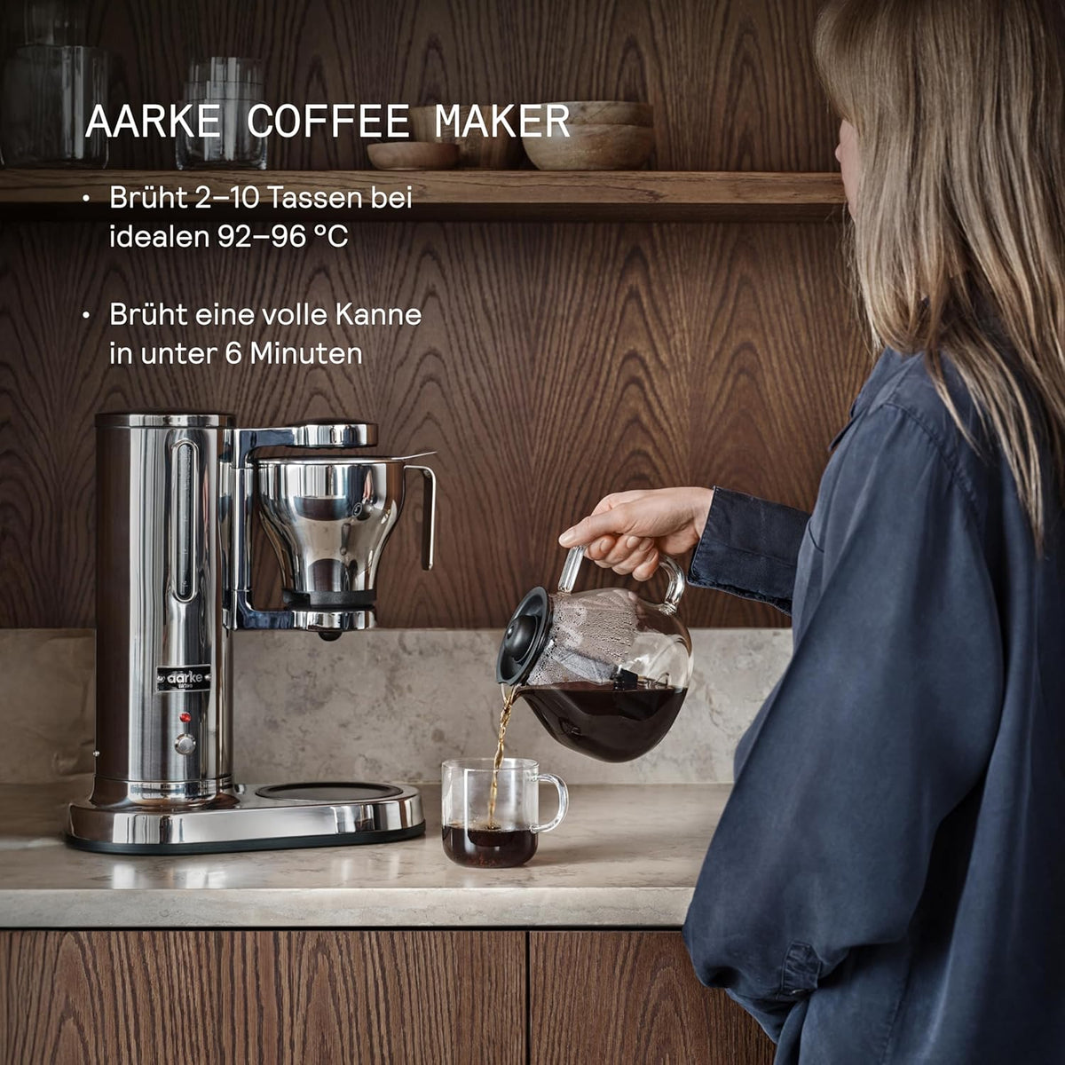 Aarke Cafetera de goteo – Cafetera eléctrica, jarra de cristal, función de mantenimiento de calor, capacidad de 10 tazas, 250 ml - 1,25 l, diseño moderno, cafetera para café de filtro, con certificación ECBC.