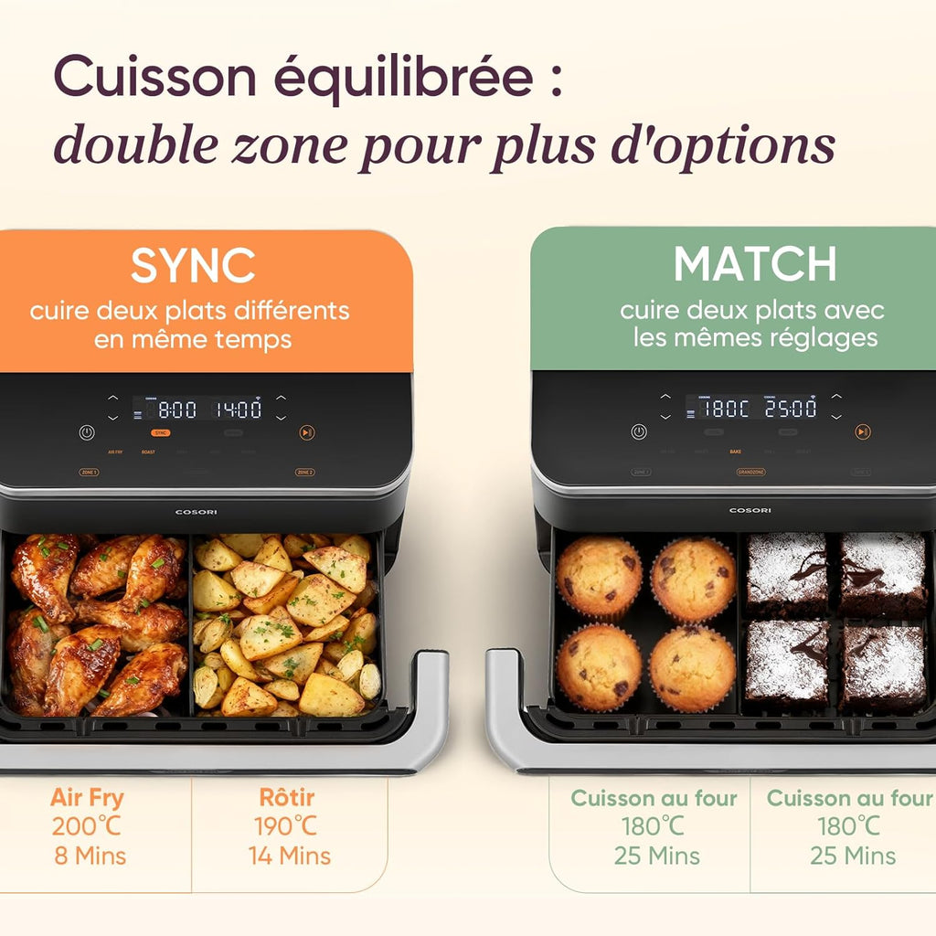 Freidora de aire COSORI Twinfry de 10L, freidora sin aceite con doble resistencia, Airfryer de zona dual con separador extraíble, 5 en 1, gran capacidad, cocción óptima, 40℃-240℃, control inteligente mediante App