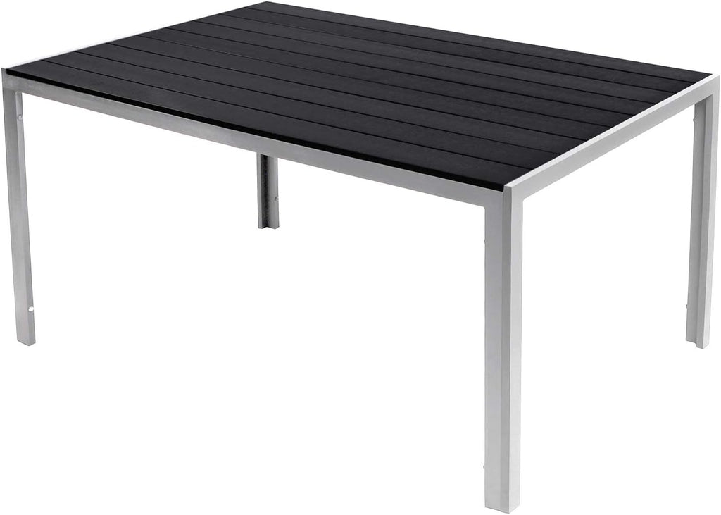 Mesa de jardín XL de aluminio y madera sintética, color plata/negro, mesa de comedor, muebles de jardín, imitación madera, resistente a la intemperie, 180x90x74 cm