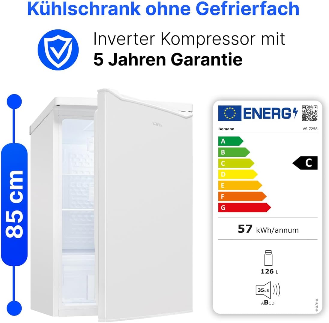 Refrigerador Bomann® sin compartimento congelador | Clase energética C | 85 cm | 5 años de garantía en el compresor | Frigorífico pequeño | 0-8 °C | silencioso 35 dB | 3 estantes | Refrigerador estándar 126 L | VS 7258 blanco
