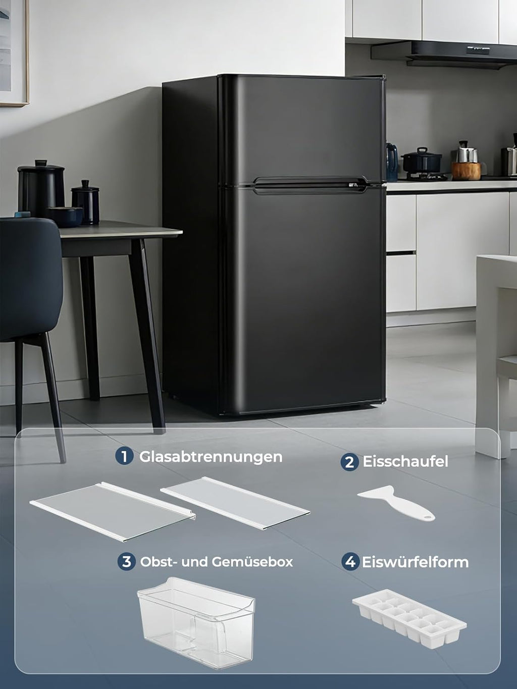Mini frigorífico FOHERE con congelador, pequeño, 90 L (26 L de congelador | 64 L de frigorífico), para dormitorio, termostato de 7 niveles, eficiencia energética, 43 dB, con puerta reversible, para residencias y apartamentos
