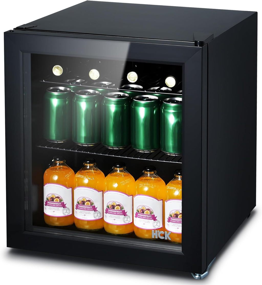 Mininevera silenciosa HCK de 48 L, pequeño refrigerador de 0-15 °C para dormitorio, puerta de cristal transparente, minibar para cocina, negro