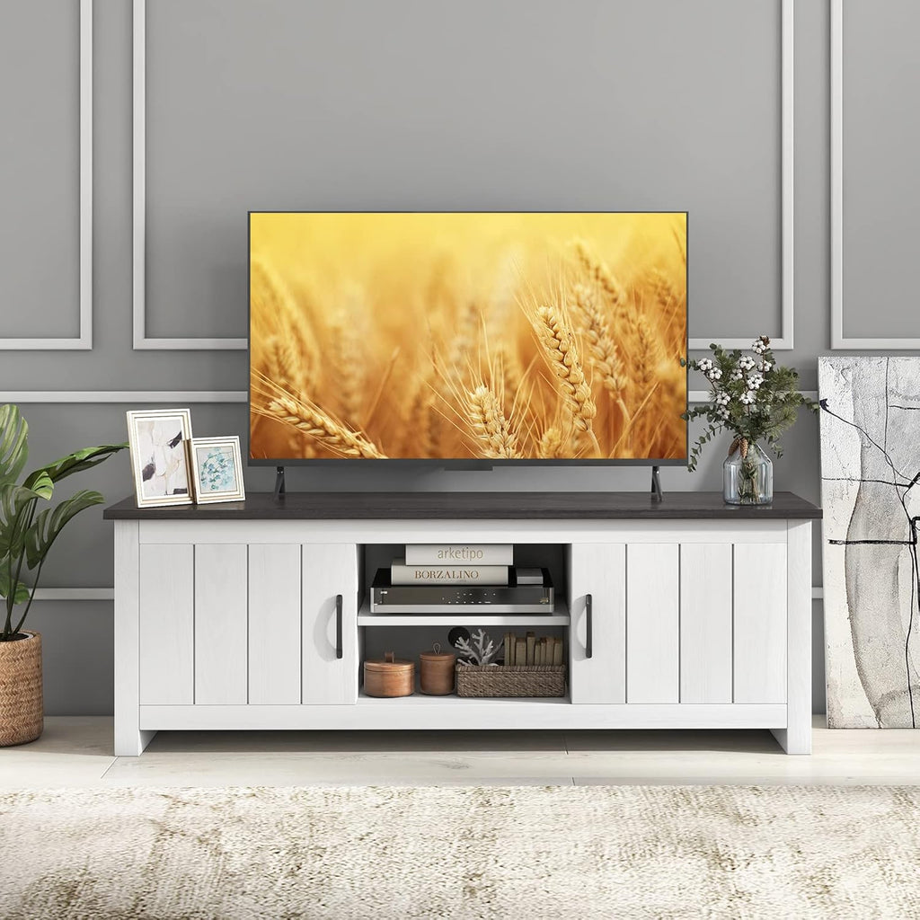 GIANTEX Mueble para TV, soporte de televisión para televisores de hasta 65 pulgadas, mueble bajo de madera con estantes abiertos y 2 puertas, aparador para TV 145 x 40 x 50 cm