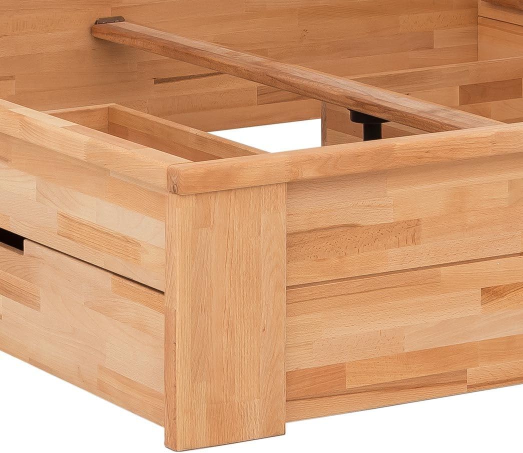 Cama de matrimonio de madera maciza Tamira 140x200 cm, haya natural aceitada con cajones de almacenamiento, altura confortable, encolado tipo parqué, capacidad de carga: 160 kg.