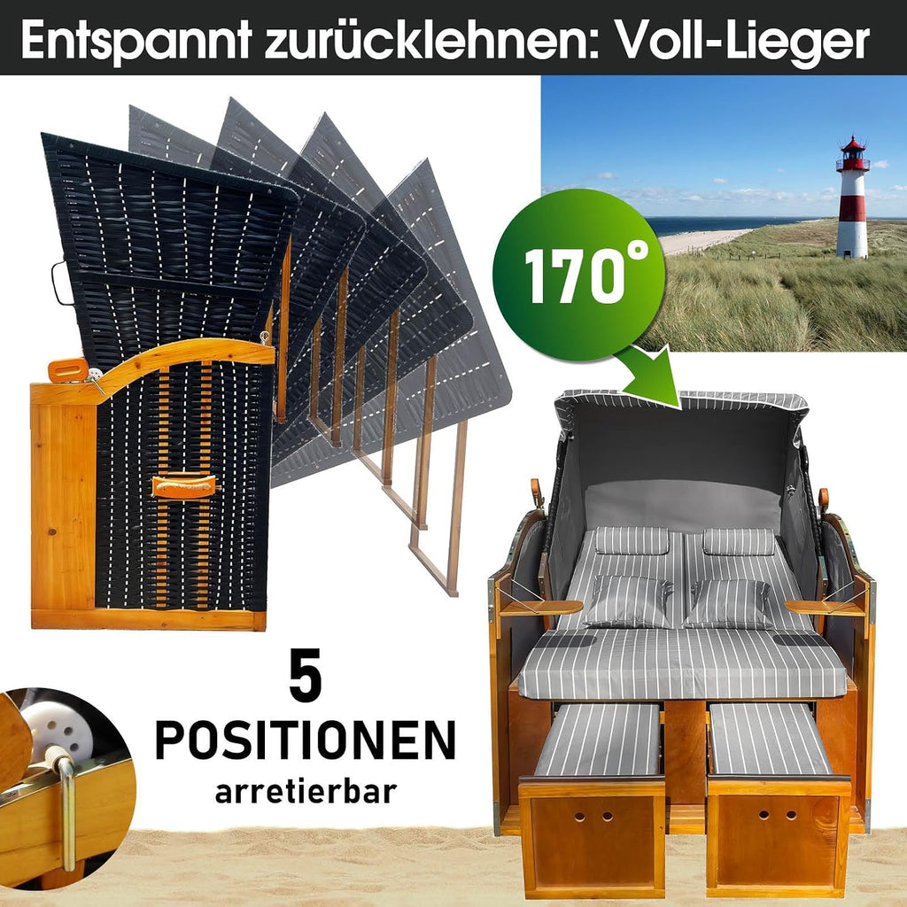 BRAST® Tumbona de playa Rügen Deluxe | para 2 personas | 120 cm de ancho | 5 diseños | incl. funda protectora resistente a la intemperie | respaldo ajustable y cojín de pies suave | Antracita/Gris - a rayas