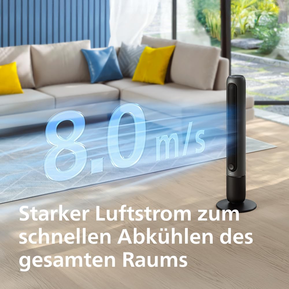 Ventilador de torre Philips serie 5000. Potente flujo de aire de 8,0 m/s, ultra silencioso de 24 dB, bajo consumo energético, mando a distancia, 5 niveles de velocidad, modo sueño, temporizador de 9 h, oscilación de 80° (CX5540/01)
