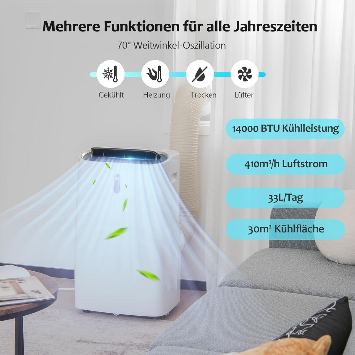 Aire acondicionado GOPLUS de 14000 BTU con tubo de escape, unidad móvil 5 en 1: refrigeración, calefacción, deshumidificación, ventilación, modo nocturno | para habitaciones de hasta 30 m² | temporizador de 24 h | aplicación/control remoto (14000 BTU)