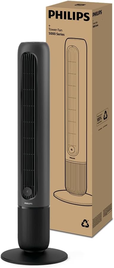 Ventilador de torre Philips serie 5000. Potente flujo de aire de 8,0 m/s, ultra silencioso de 24 dB, bajo consumo energético, mando a distancia, 5 niveles de velocidad, modo sueño, temporizador de 9 h, oscilación de 80° (CX5540/01)