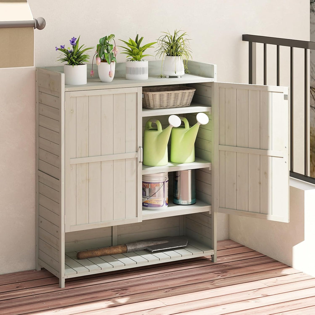 Mesa de cultivo COSTWAY para exterior resistente a la intemperie, mesa de jardinería de madera, mesa para plantas con armario inferior, cubo de basura y estante ajustable, mesa de jardín para patio y terraza, 102 x 43,5 x 152 cm, natural