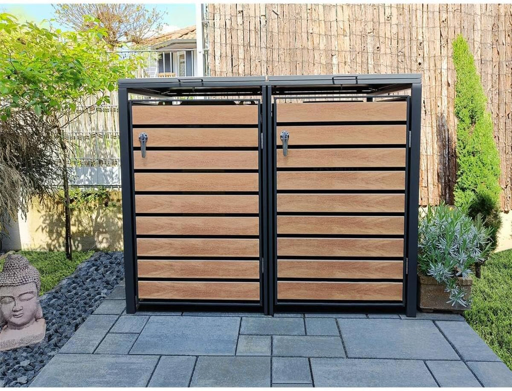 Cubitera para basura Metzler en antracita y aspecto de madera, para 2 cubos de 240 L, revestimiento para 2 cubos, acero con recubrimiento en polvo resistente a la intemperie con tapa automática, bloqueable, caja para jardín y basura