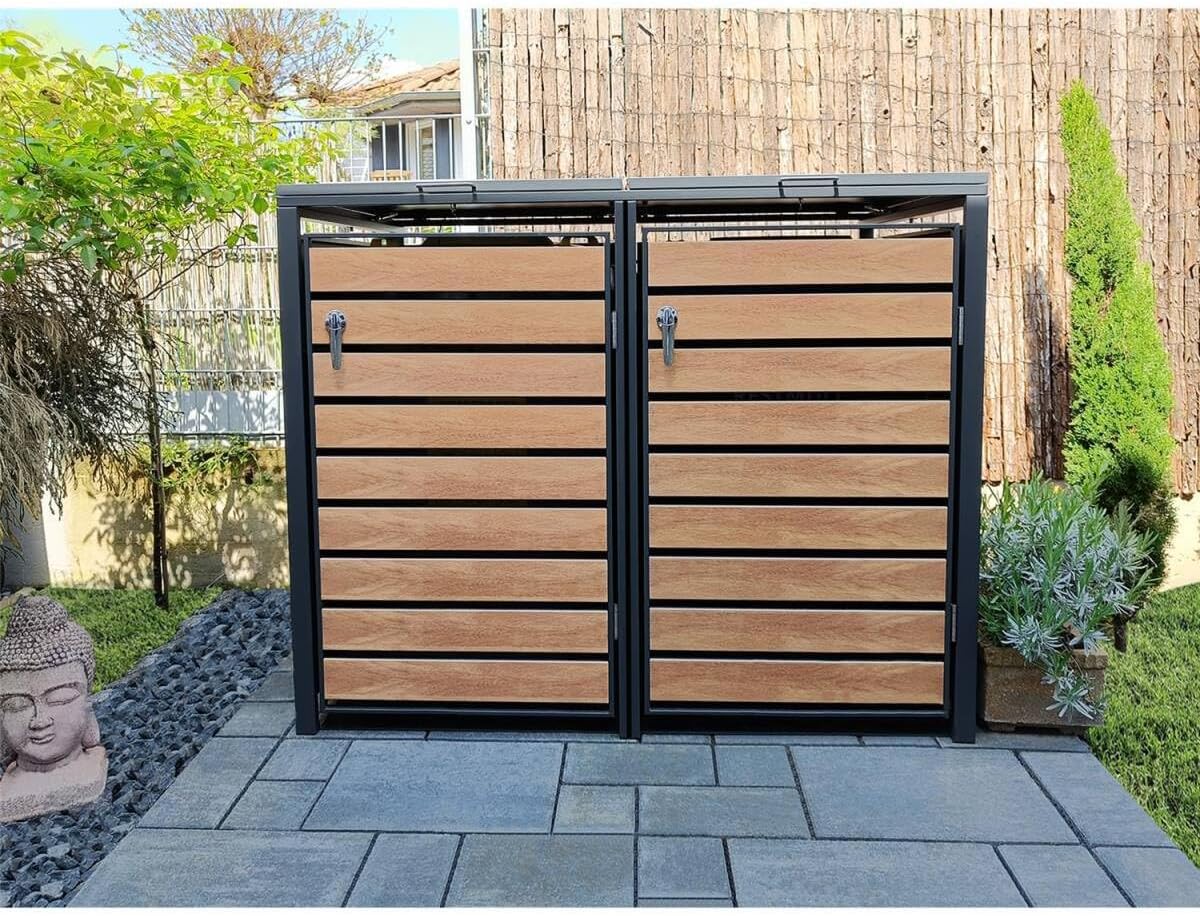 Cubitera para basura Metzler en antracita y aspecto de madera, para 2 cubos de 240 L, revestimiento para 2 cubos, acero con recubrimiento en polvo resistente a la intemperie con tapa automática, bloqueable, caja para jardín y basura