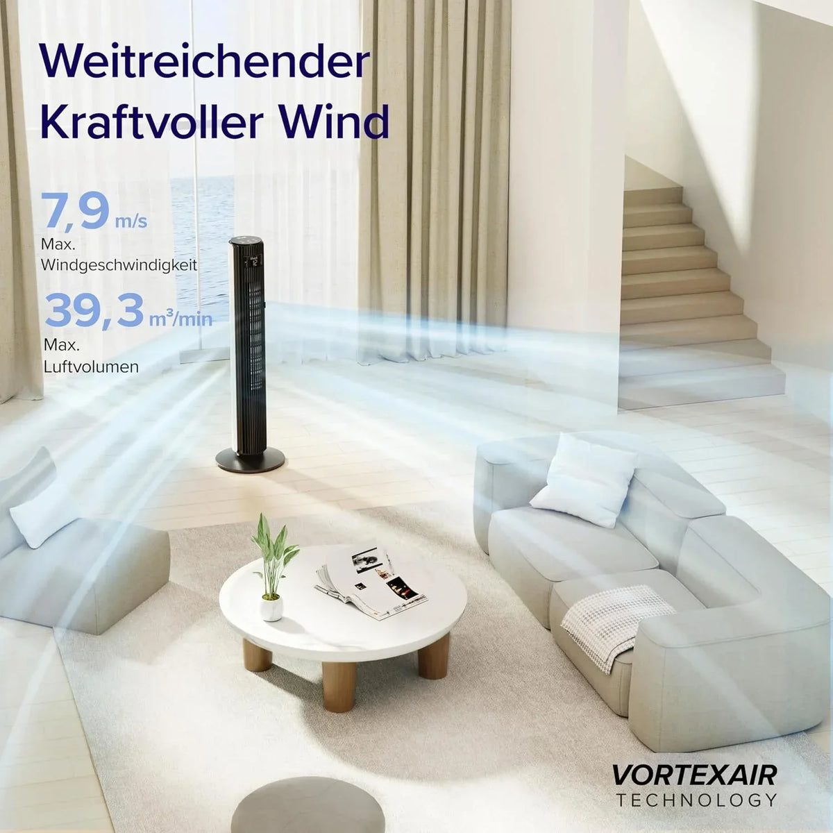 Levoit LTF-F422-WEU Ventilador de torre 107,6 cm – 12 niveles, 4 modos, 25 dB, oscilación de 90°, blanco perla