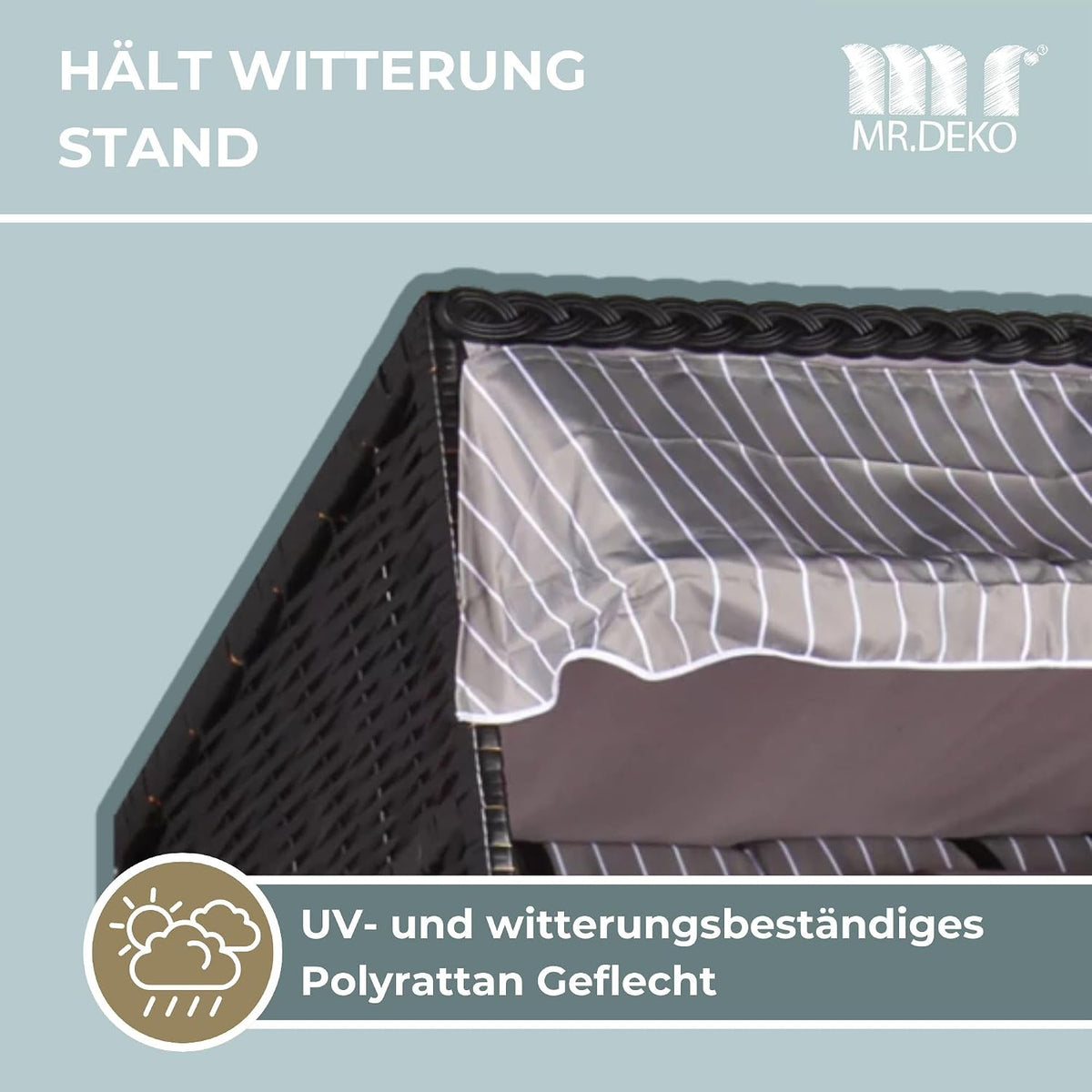 MR. DEKO Strandkorb Ostsee Wacholder PE Negro (Diseño Royal Gris) | Strandkorb de 2 plazas resistente a la intemperie | Tumbona completa de madera dura para dos personas | Strandkörbs para balcón | Silla de playa para jardín