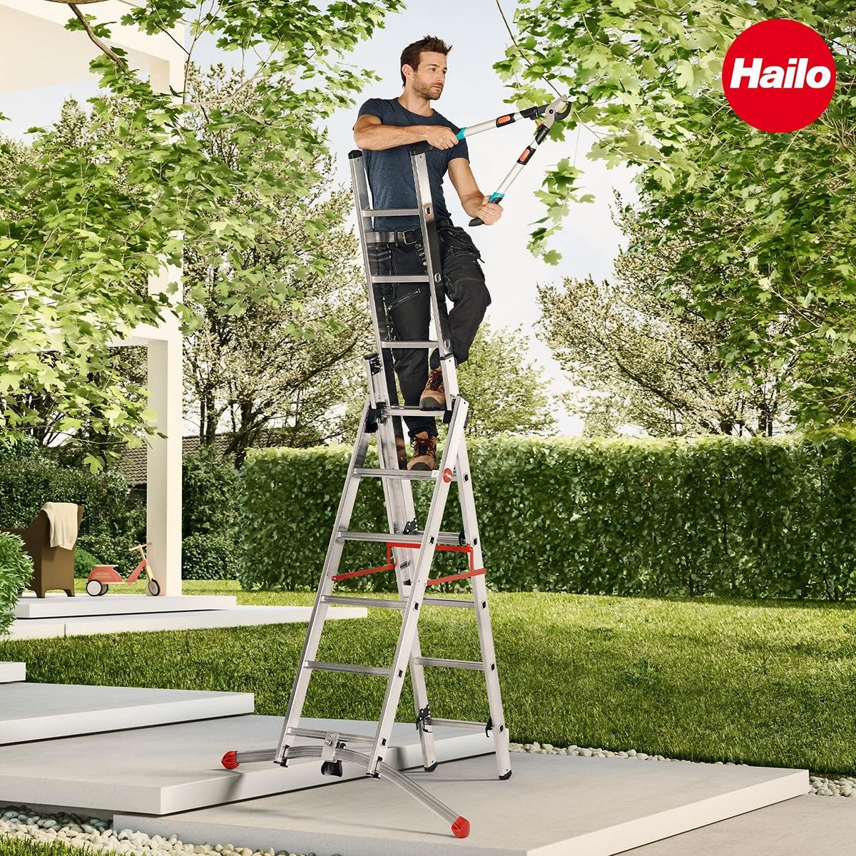 Escalera combinada de aluminio de 3 tramos ProfiLOT 9312-507, 3x12 peldaños, 150 kg de capacidad de carga, 9,01 m de altura de trabajo
