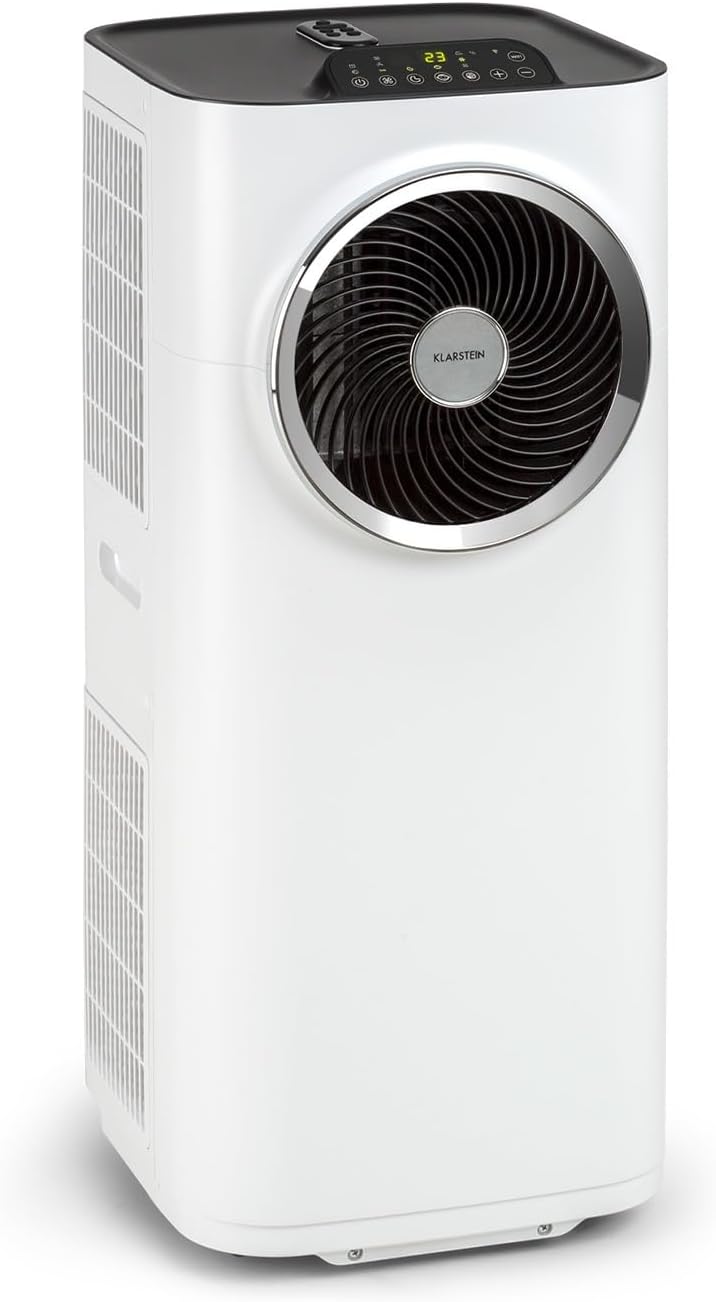 Acondicionador de aire portátil Klarstein con manguera de escape, unidad de climatización 5 en 1, ventilador, deshumidificador, purificador de aire y modo nocturno, control por aplicación, pequeño y portátil, para hogar y oficina, 12000 BTU