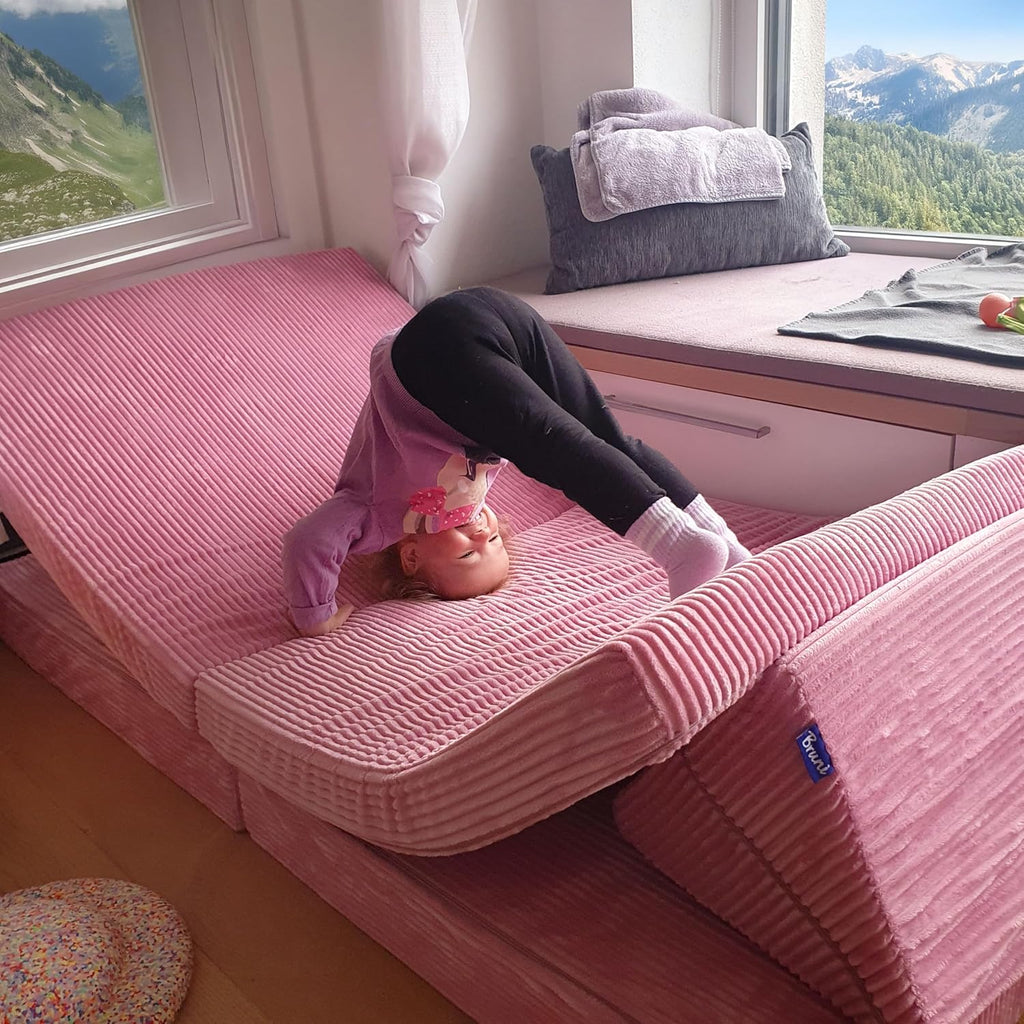 Sofá de juegos Bruni de pana para niños en color rosa: sofá XXL grande para la habitación infantil, sofá cama con funda de pana suave extraíble, diseñado en Austria