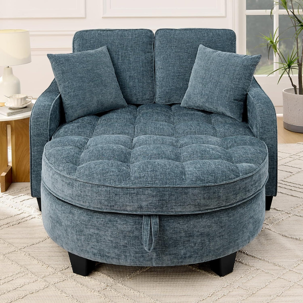 Sofá con reposapiés de almacenamiento, sofá cama con respaldo ajustable y cojines, sofá pequeño, para salas de estar pequeñas, salas de estudio, dormitorios, azul
