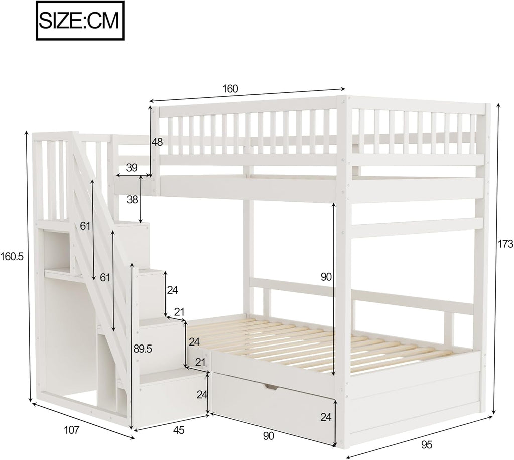 Cama infantil tipo litera 90x200 para 2 niños, cama alta con escalera, armario de almacenamiento y cajón, litera funcional de madera maciza para jóvenes con 2 somieres y protección anticaídas, sin colchón, blanca