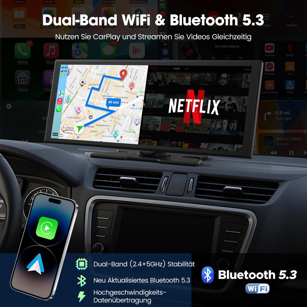 Pantalla LAMTTO para Carplay con Net-flix y Youtube, pantalla de 10.25 pulgadas con A-pple CarPlay inalámbrico y Android Auto, cámara de visión trasera, pantalla dividida, navegación, Bluetooth dual, FM, Mirror Link para iOS 10+ y Android 11+