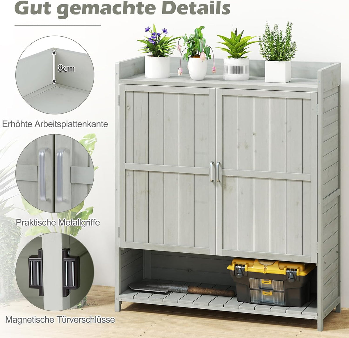 Mesa de cultivo COSTWAY para exterior resistente a la intemperie, mesa de jardinería de madera, mesa para plantas con armario inferior, cubo de basura y estante ajustable, mesa de jardín para patio y terraza, 102 x 43,5 x 152 cm, natural