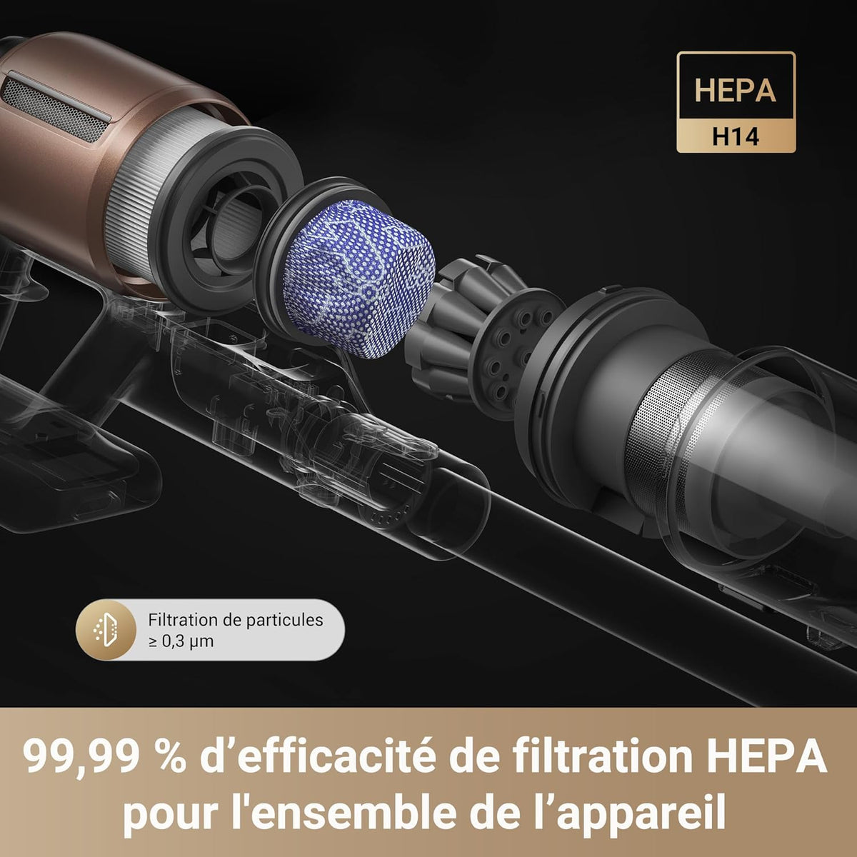 Aspiradora escoba sin cable Dreame Z20, 25 000 PA / 250 AW, motor de alta velocidad, autonomía de 90 min, 99,99 % de eficiencia de filtración, filtro HEPA H14, tecnología de detección de polvo