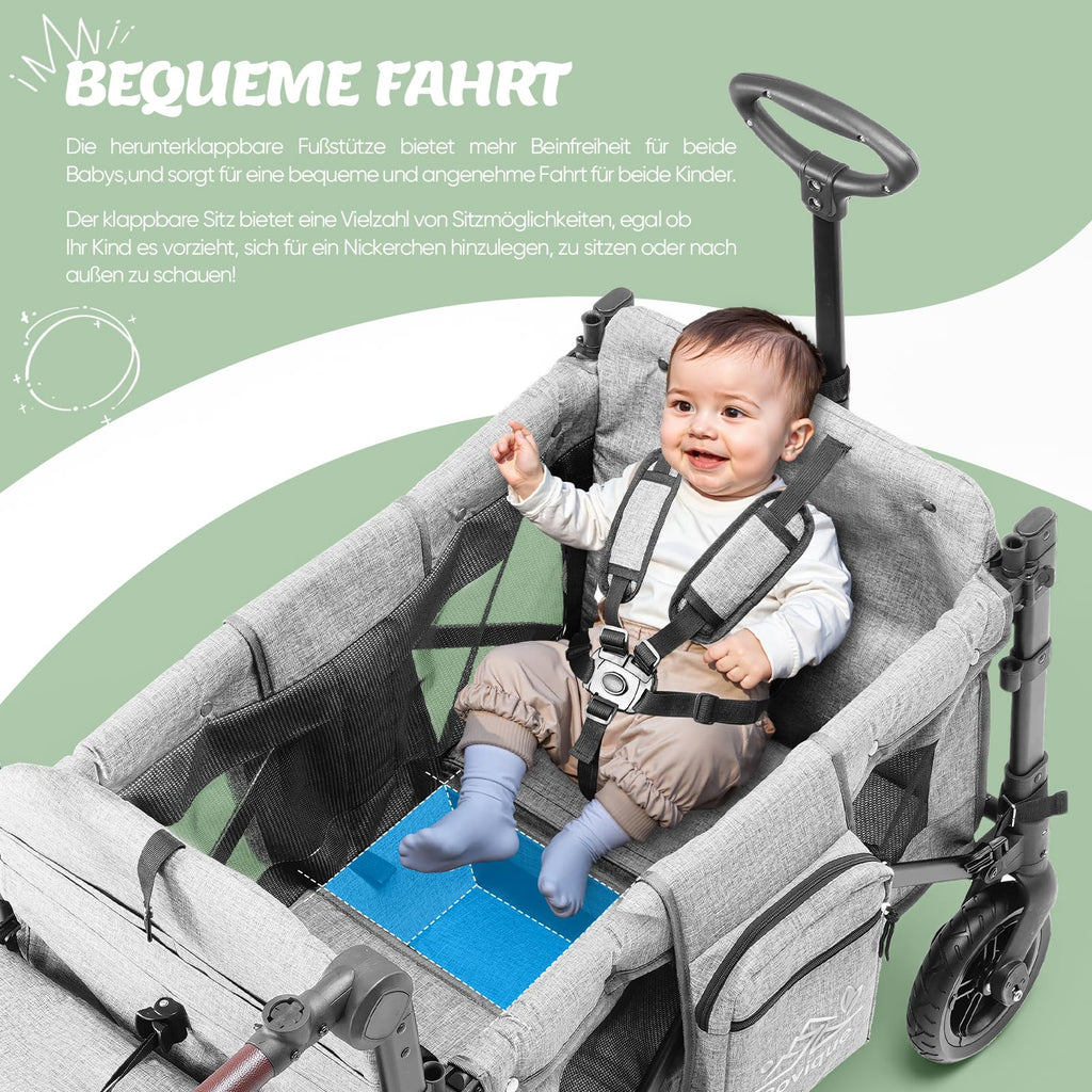 Carrito plegable RO-02 para 2 niños con techo, arnés de 5 puntos, ruedas de poliuretano, bandeja para aperitivos y estructura de aluminio, gris