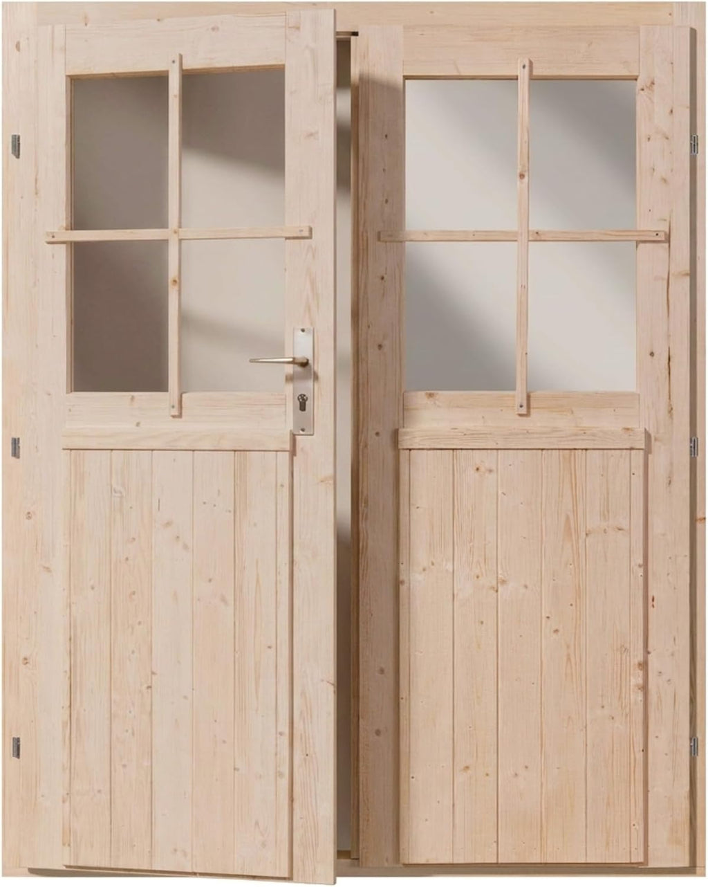 Puerta de madera para caseta de jardín, abeto nórdico, puerta de doble hoja, 141x177 cm | Cristal auténtico, incluye juego de manillas y umbral de aluminio, puerta de caseta de jardín para cobertizo, puerta exterior de madera para taller