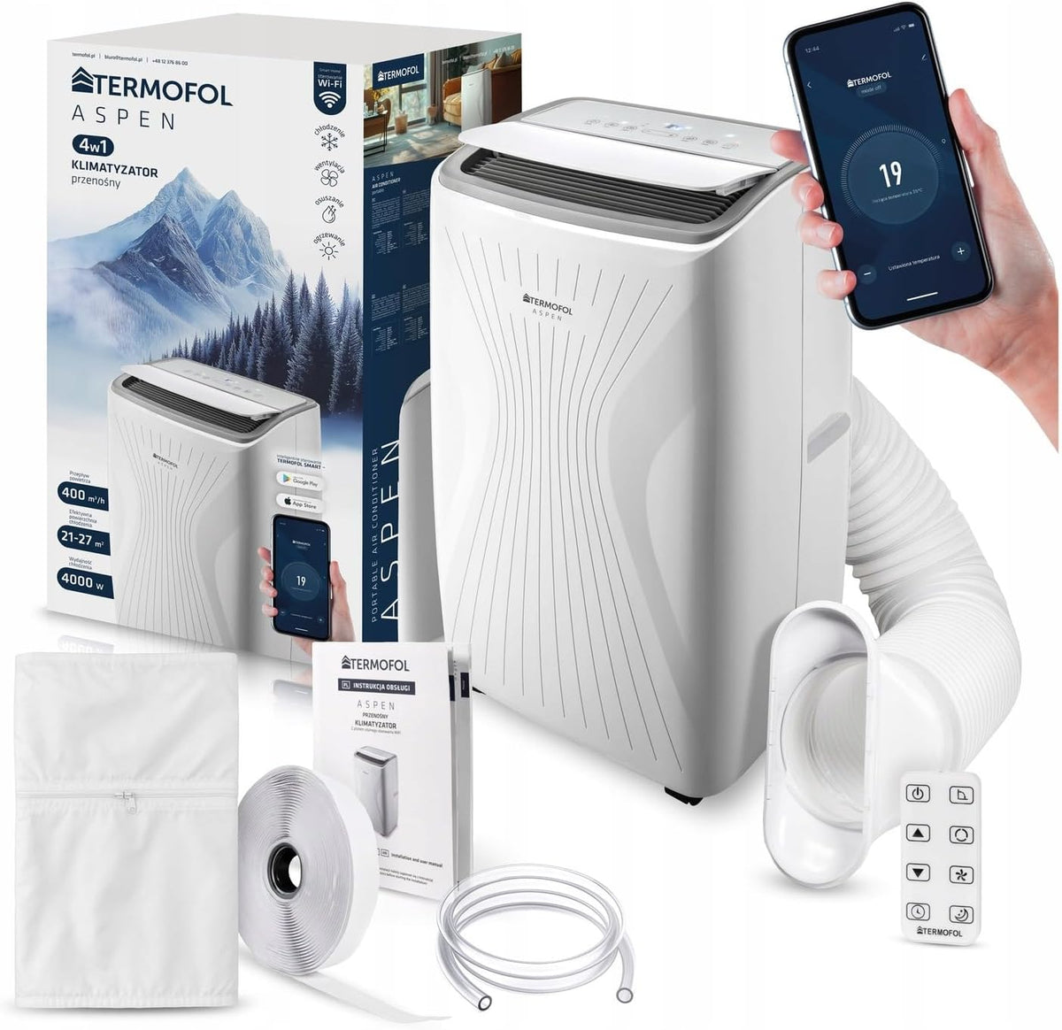 Aire acondicionado portátil Termofol ASPEN 4000W – 4 en 1: aire acondicionado, deshumidificador, ventilador, calefacción – control remoto por Wi-Fi – dispositivo inteligente de bajo consumo – diseño moderno – blanco
