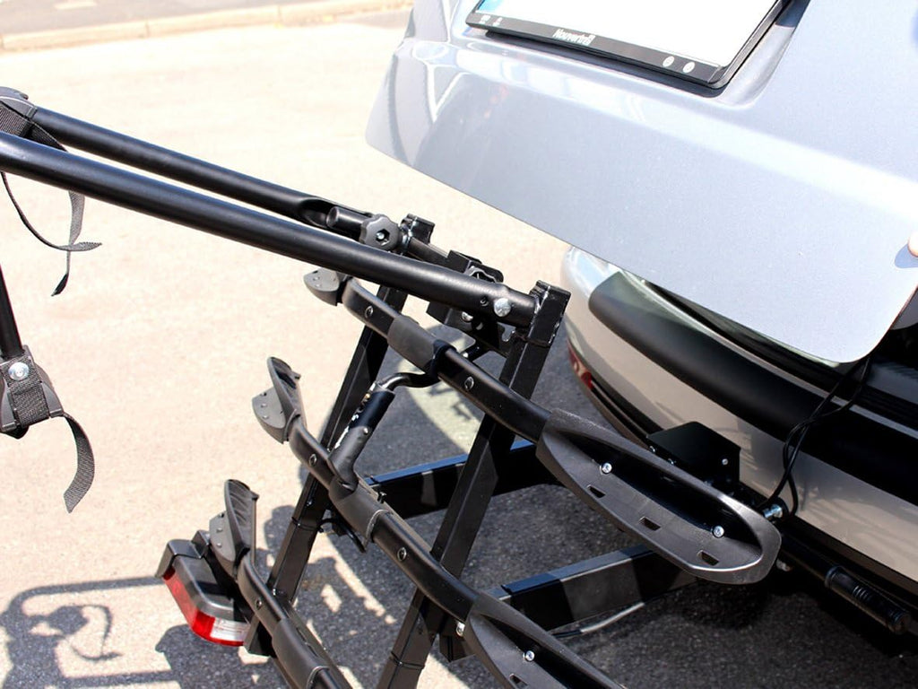 Portabicicletas Bullwing SR3+ para 3 bicicletas para enganche de remolque, abatible (cierre especial, protección antirrobo con candado, 3 soportes de cuadro no bloqueables, soporte de pared)
