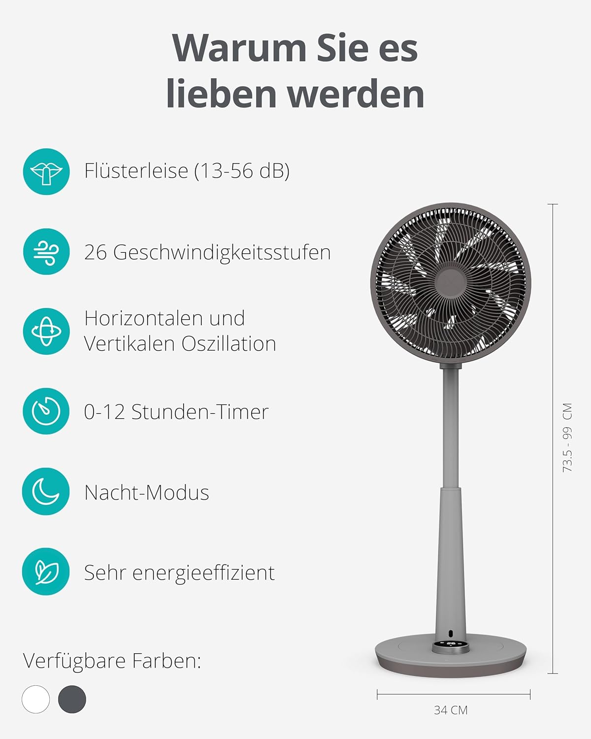 Ventilador de pie silencioso Duux Whisper 2 - Motor CC eficiente con 26 velocidades - Ventilador de altura regulable (73-95 cm) - Oscilación horizontal y vertical - Blanco