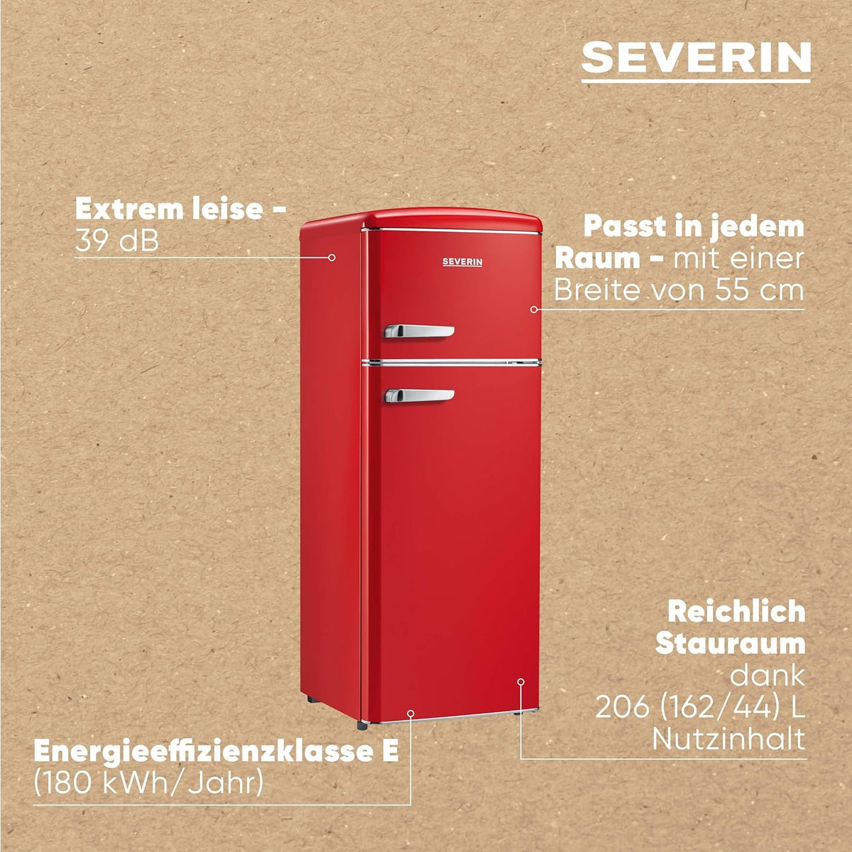 SEVERIN Retro - Frigorífico combi, compacto y eficiente, 4 estantes ajustables en altura y una gran cajonera para verduras, 206 L de capacidad útil, color crema, RKG 8933
