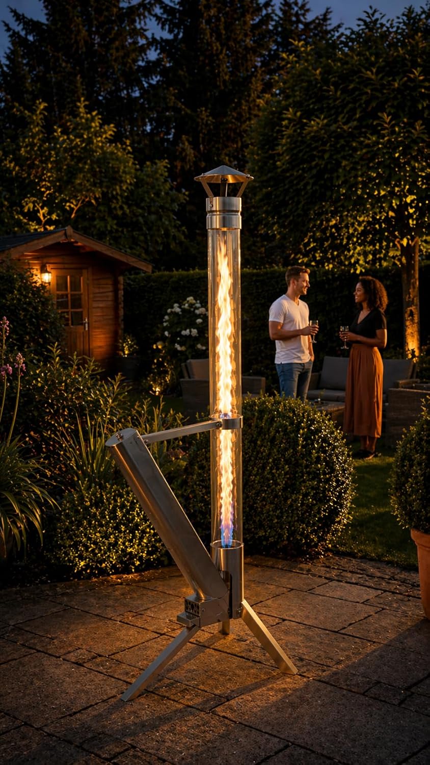 Eden Outdoor Feuerrohr Klassik, columna de fuego de acero inoxidable y antorcha de pellets, elegante calentador de terraza y chimenea de jardín, fuego de terraza con estilo, duradero y resistente a la intemperie, alternativa para tu terraza