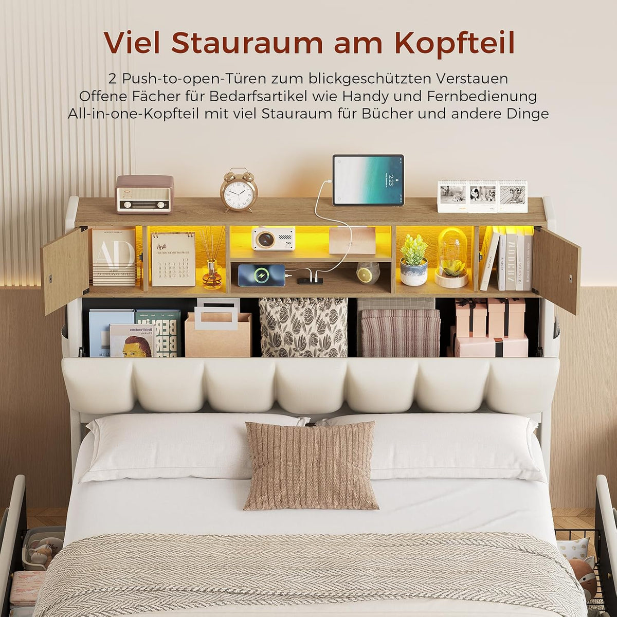Cama KIMENICH 140x200 cm, estructura de cama doble, cama con iluminación LED, cama tapizada, 4 cajones, estación de carga, marco de metal y cabecero de madera con almacenamiento, para dormitorio, habitación de invitados, blanco + natural