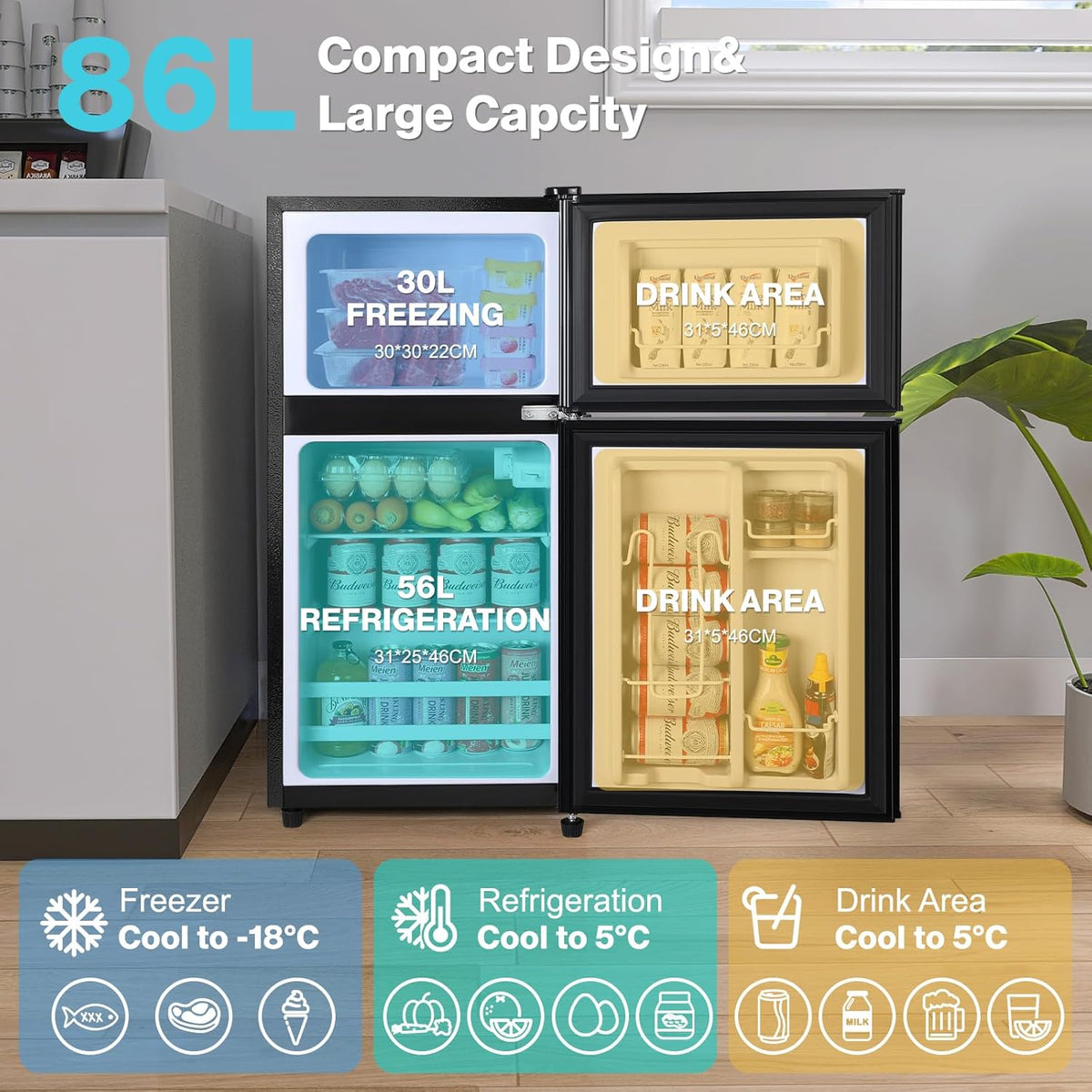 YASHE 86L Mini-refrigerador con congelador, nevera de doble puerta con congelador superior, frigorífico combinado, refrigerador con congelador para habitación, oficina, cocina y dormitorio, negro