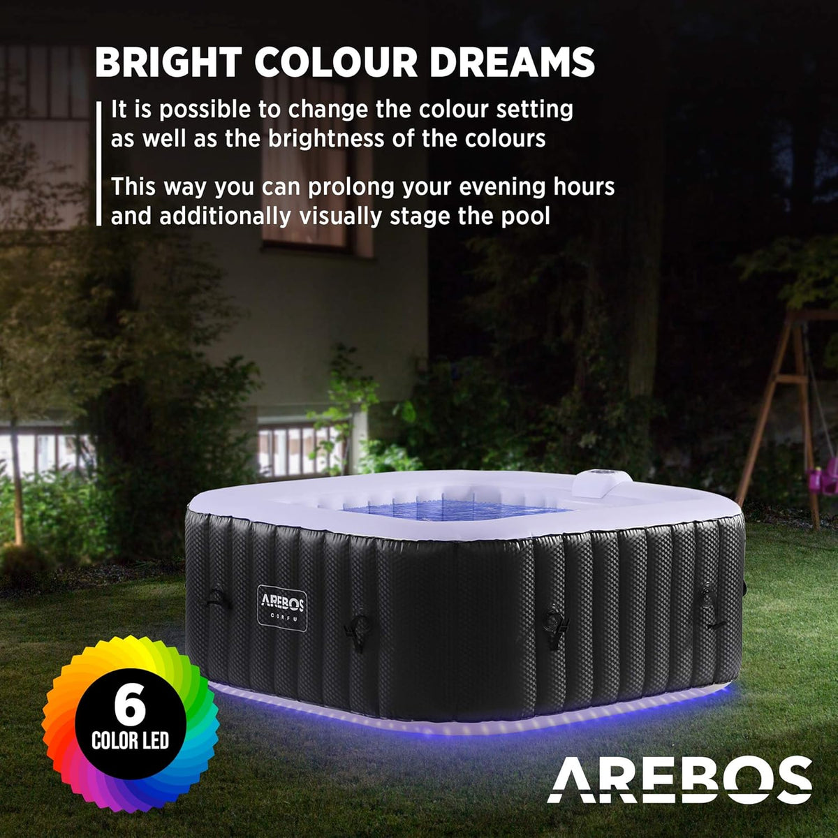 Jacuzzi Arebos | 154 x 154 cm | con iluminación LED | inflable | cuadrado | interior y exterior | 4 personas | 100 chorros de masaje | con calefacción | 600 L | incluye cubierta | Bubble Spa y masaje de bienestar