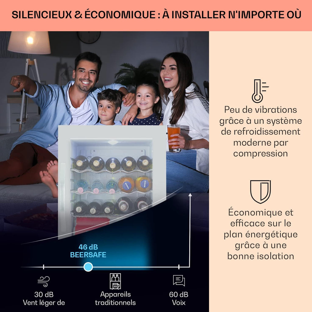 KLARSTEIN Mini nevera para dormitorio y oficina, nevera pequeña silenciosa, mini bar refrigerador de 60 L, frigorífico pequeño para camping, estantes ajustables, ondulados para vino, latas, nevera para cerveza
