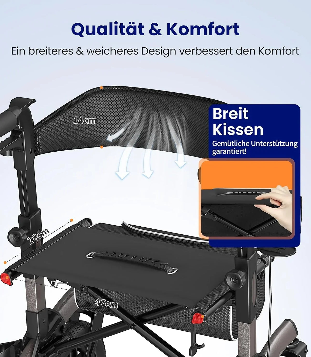 Andador de 4 ruedas con asiento, plegable y ajustable en altura, de aluminio, para exteriores, con neumáticos de goma antipinchazos, capacidad de carga de 136 kg, gris
