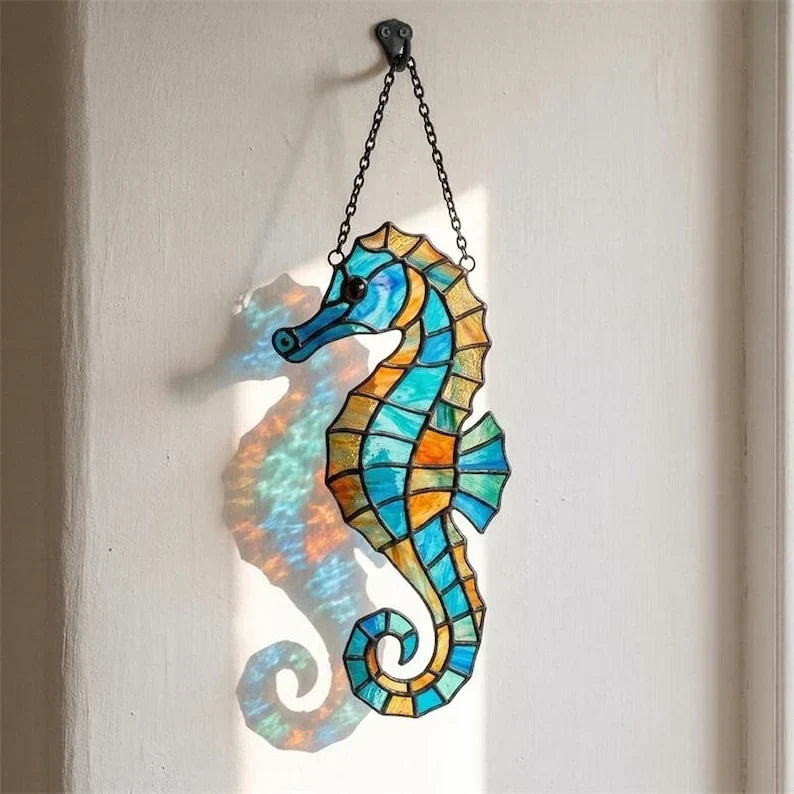 Atrapasueños de vitral de caballito de mar, colgante de ventana de océano, decoración de pared de vidrio costero, decoración de casa de playa, 4-12 pulgadas