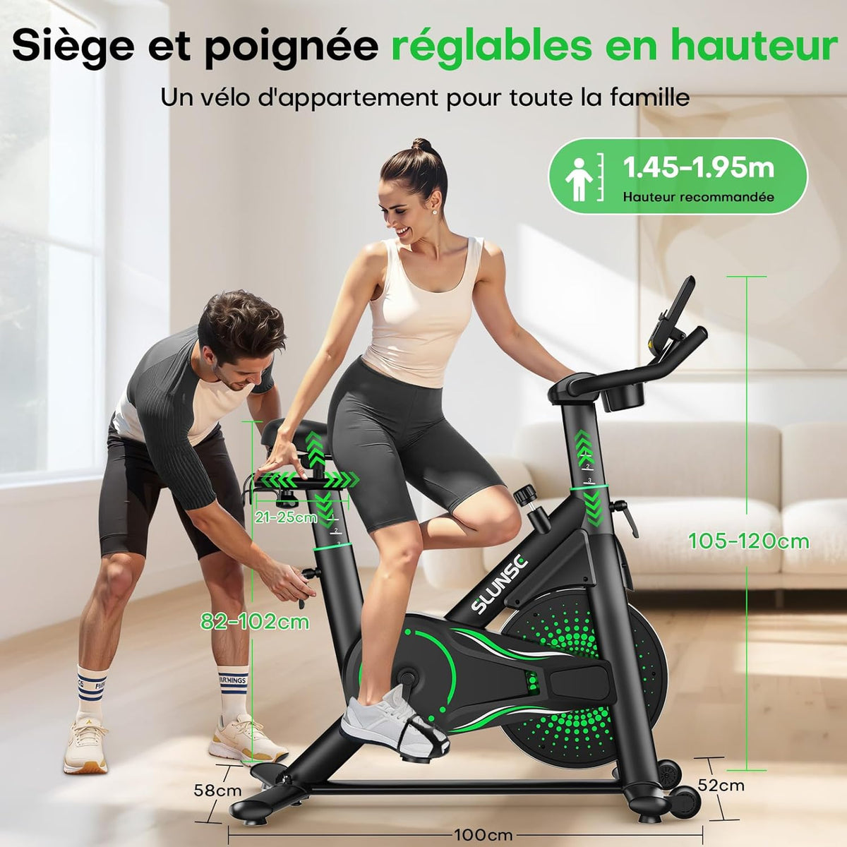 Bicicleta estática para casa, bicicleta de fitness interior silenciosa con resistencia ajustable, bicicleta estática con aplicación, soporte para mancuernas, pantalla LCD, asiento cómodo, capacidad de 180 kg