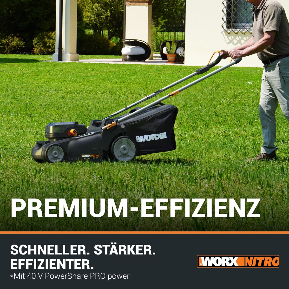Cortacésped WORX WG737E Nitro 40V 2x20V sin escobillas, ancho de corte 37cm, 6 posiciones, saco recolector 40L, con 2 baterías 4Ah y cargador dual