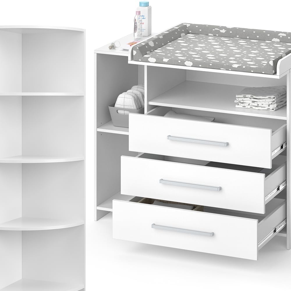 Juego de habitación infantil Vicco Oskar, blanco, 2 piezas, con cambiador y estante para juguetes, convertible en cómoda normal tras retirar el cambiador